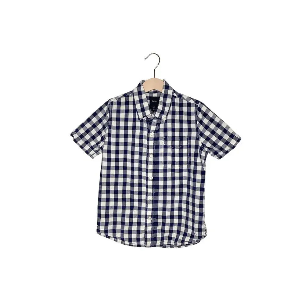 Gap Kids Navy Blue White Buffalo Plaid Short Sleeve Button Down Shirt Small